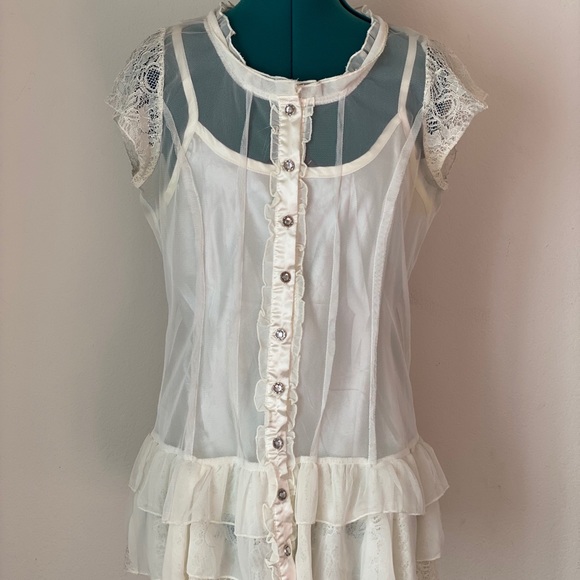 White Babydoll  Rhinestone button-up silk blouse L - Picture 2 of 10